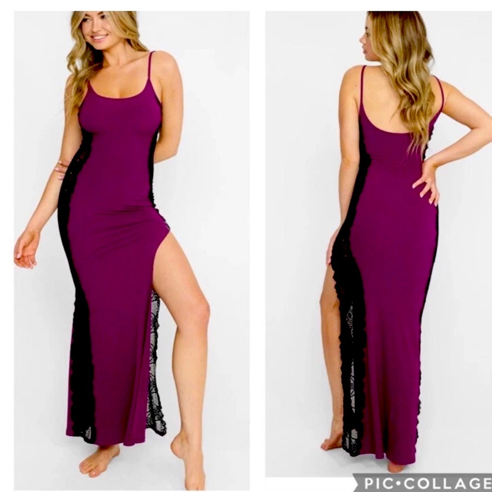 Beach Bunny Purple Maxi Dress w/ Black Lace Side Detail Leg Slit - Small NWT